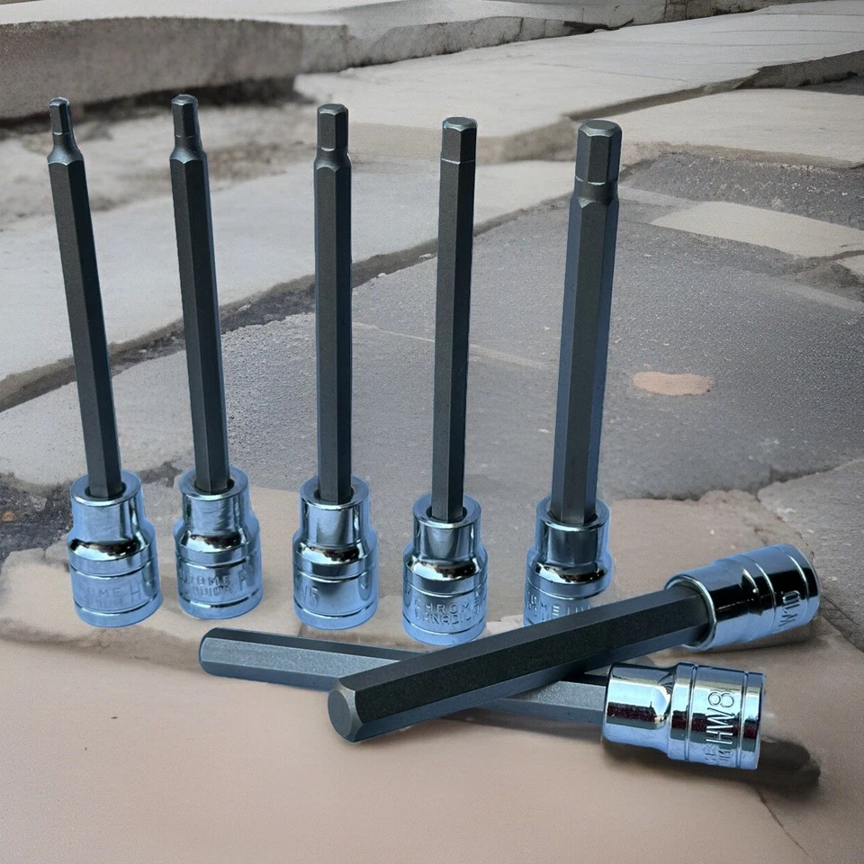 7 Pcs 3/8” Dr Extra Long Reach Allen Hex Bit  Socket Set Metric 3mm - 10mm Cr-V - Image 3 of 4