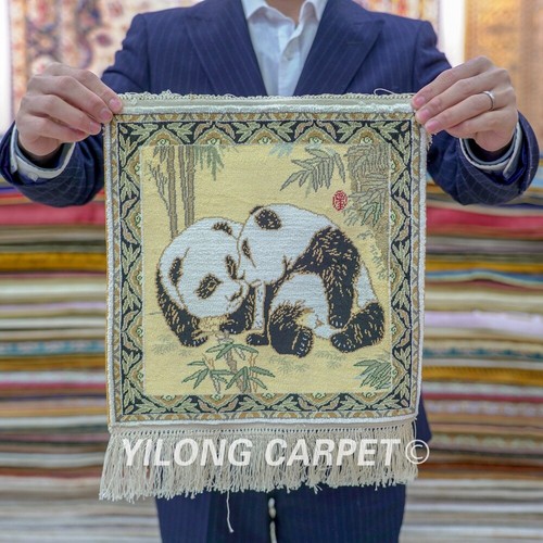 1x1ft House Hand Knotted Area Rug Mini Silk Carpet Panda Tapestry 022H - Picture 3 of 7
