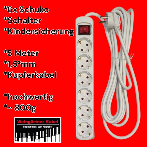 5m Mehrfachsteckdose 6 fach Schuko in guter Qualität mit Schalter + Kinderschutz