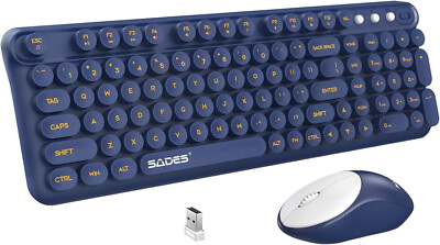 Sades Wireless Keyboard & Mouse with USB Dongle Retro Typewriter Style Blue 2.4G
