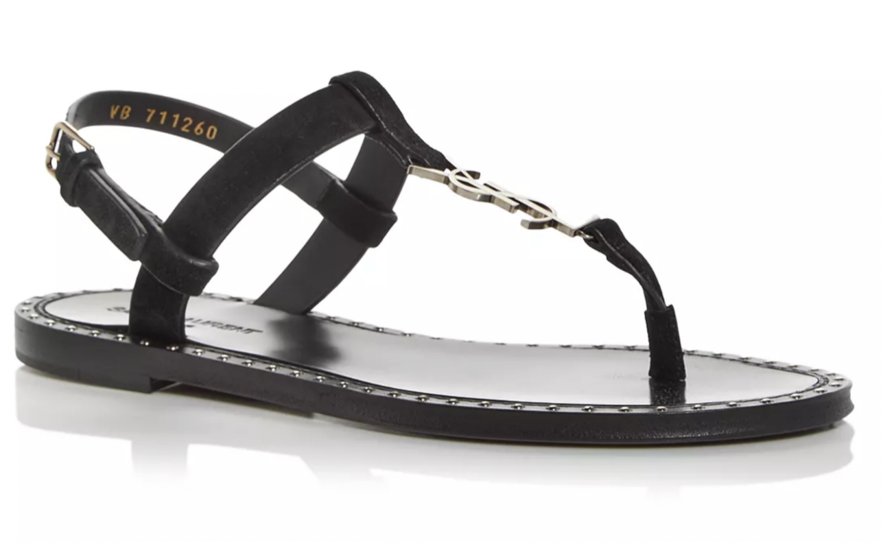 Sandalo piatto perizoma borchie logo Saint Laurent YSL Iota 05 camoscio nero 36