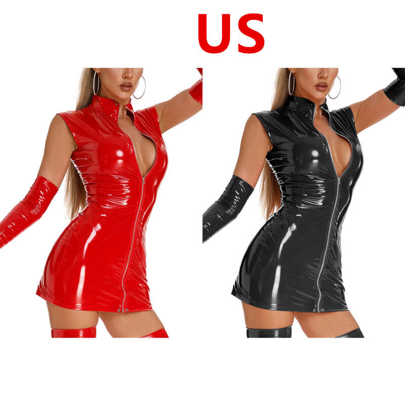 Womens Mini Dress PVC Leather Wetlook Bodycon Micro Zipper Front Pencil  Party | eBay
