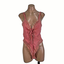 Vtg 80s 90s Delicates Teddy High Cut Lingerie Tie Front Gingham Nylon Lace Sz M