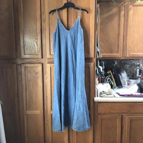 ZARA V-Neck Cotton Denim Sleeveless A-Line Maxi Dress Straps Blue Size Small