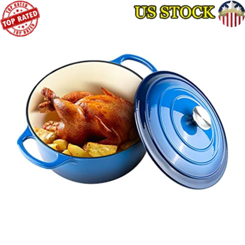 6qt Enameled Cast Iron Dutch Oven Pot Bread Baking Cooking Blue Non-stick 500°F
