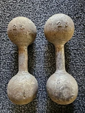Antique Cast Iron Globe Dumbbells Marked 25 lb Primitive Early Strongman Weight