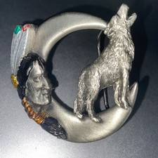 Vintage Indian And Howling Wolf Belt Buckle Pewter