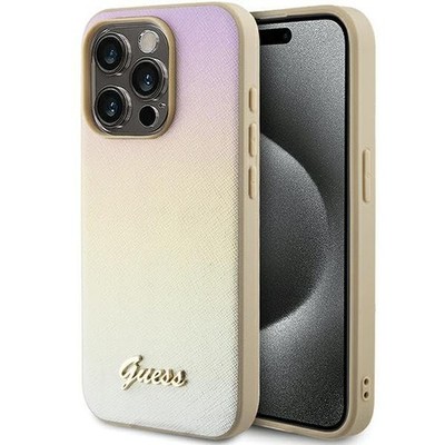 Guess Saffiano Iridescent Script Hülle für iPhone 15 Pro 6.1 Gold
