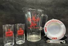 Vtg JAX Beer LOT RARE PITCHER Fabacher Family, 2 Glasses, Ashtray, Beer Opener