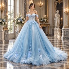 Light Blue Off Shoulder 3D Floral Tulle Ball Gown Long Train Formal Prom Dress