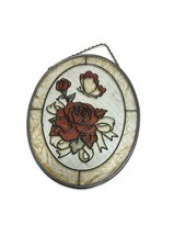 Stained Glass Flowers Roses Butterfly Oval Suncatcher Vintage 7,5  X 5  