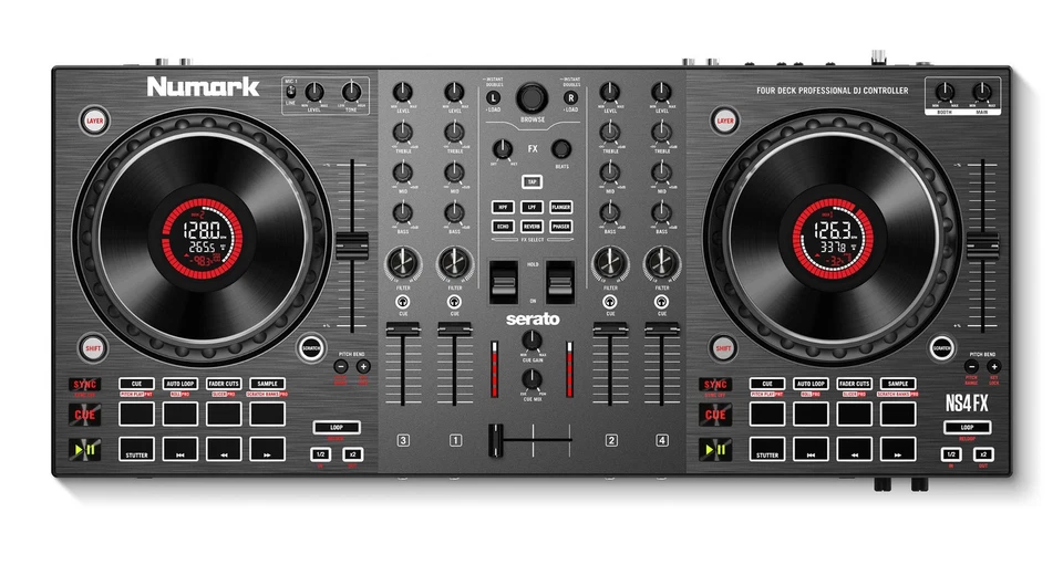 Numark NS4FX DJ Deluxe Set mit Studio Monitoren, Stativen, Kopfhörer & Kabel - Bild 3 von 4