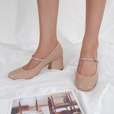 Mary Jane Shoes Ankle Strap Block Heel Square Toe Womens Pumps Mid Chunky Heels