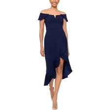Xscape High-Low Off-The-Shoulder Notch Midi Dress Short Sleeves Navy Size 4 NWT
