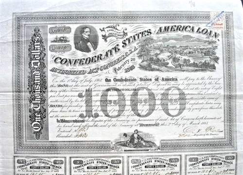 Confederate States of America CSA loan +Cp Richmond 1863 USA J. Davis Rose blue
