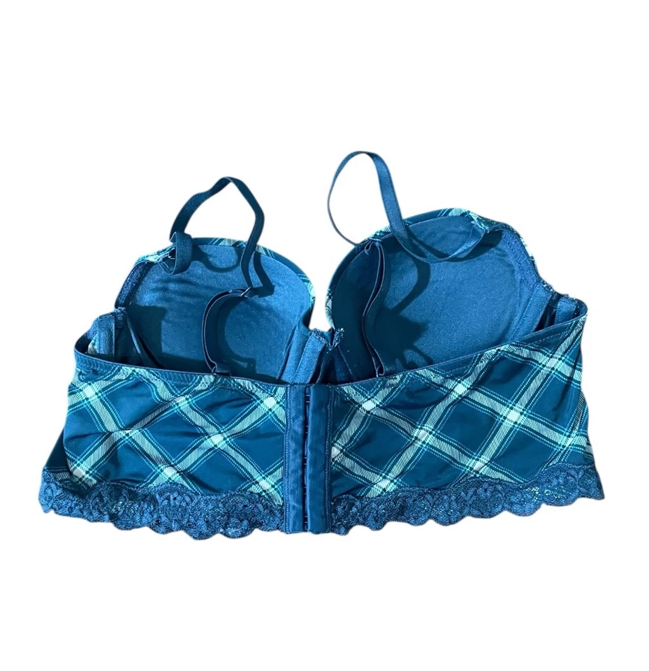 Adore Me Push Up Bra Sz 36A Blue Plaid Lace Detail Underwire Feminine Sexy - Image 2 of 3
