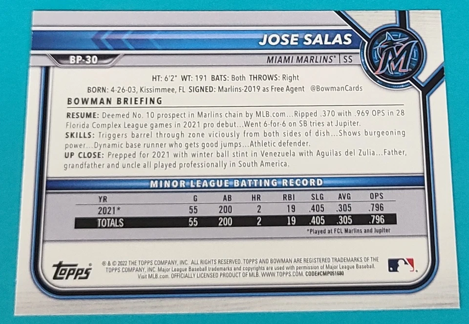2022 Bowman Prospects   #BP-30 Jose Salas Miami Marlins Baseball Card P5 - Image 2 of 2