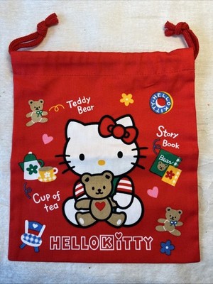 Sanrio Hello Kitty & Teddy Bear 1996 Drawstring Red Cotton Bag Made In Japan