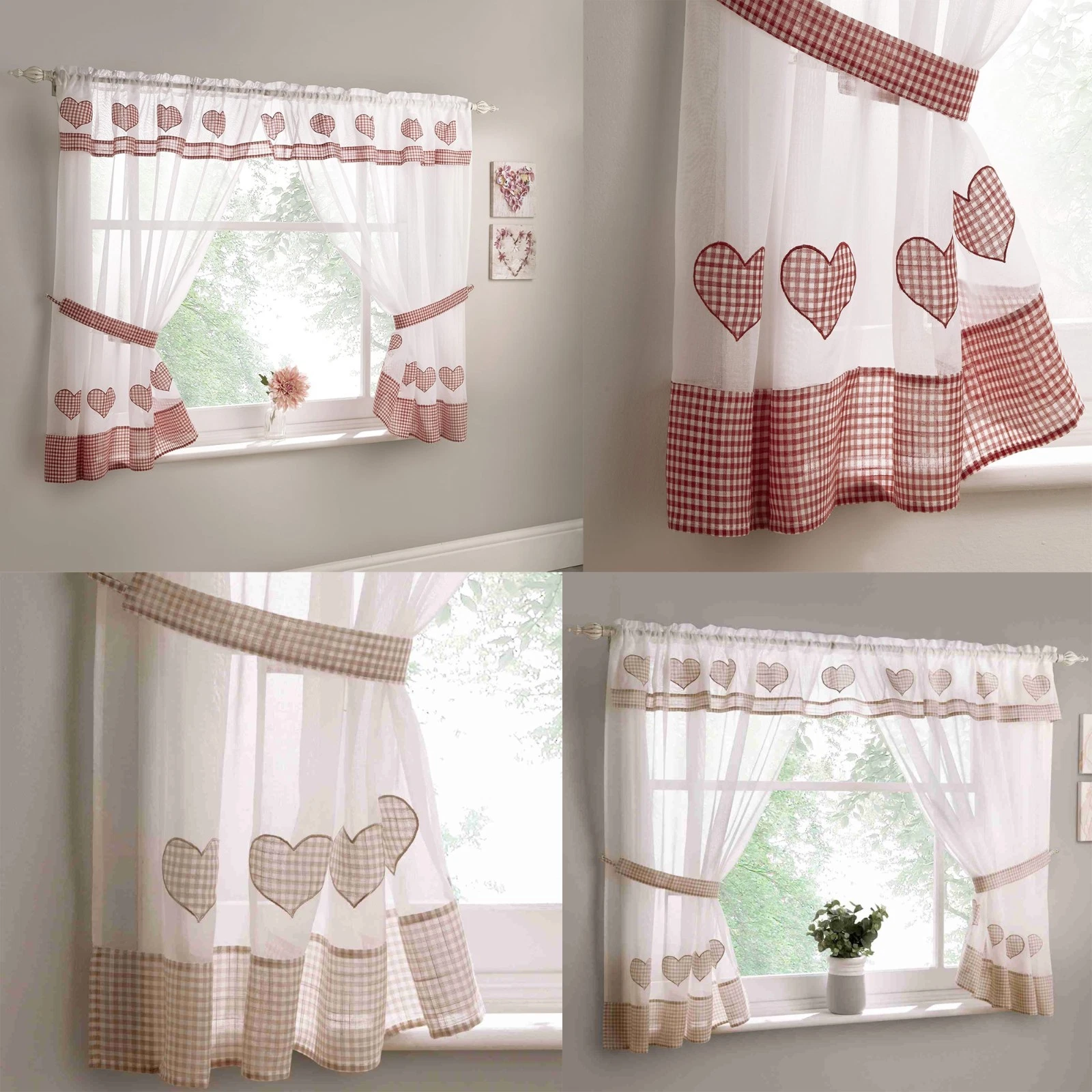 CLEARANCE Amour - Gingham Heart Window Set With Matching Tiebacks