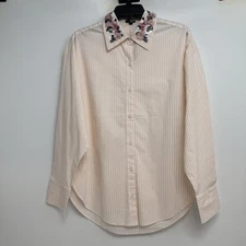 Express Sz S Boyfriend Portofino peach white stripes shirt  Beaded Floral Collar