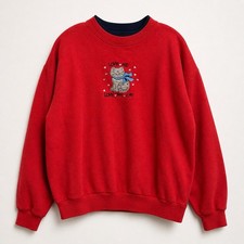 Vtg 90s Cute Cat Graphic Sweatshirt L Red Studded Hearts Crewneck Cozy Kawaii