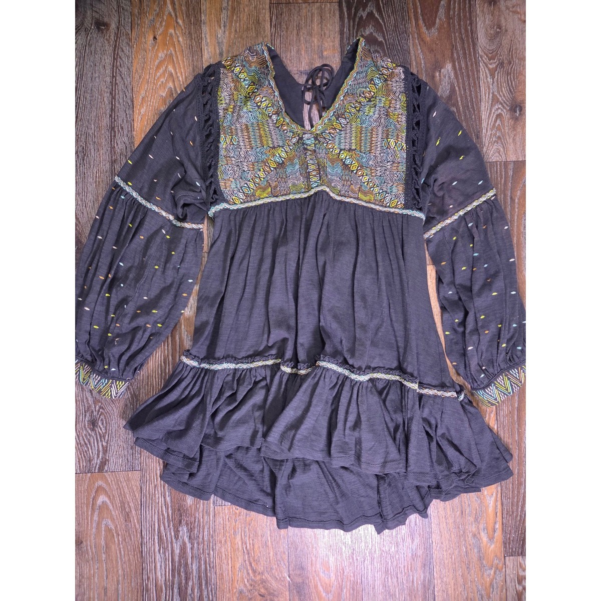 Free People Embroidered Babydoll Tunic Top Black Cotton Gauze Boho