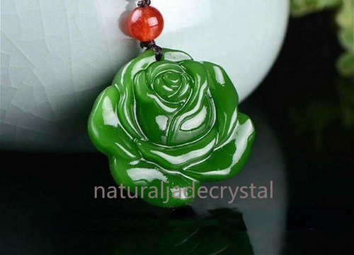Natural Green Jade Jadeite Rose Flower Carved Amulet Pendant Necklace Jewelry