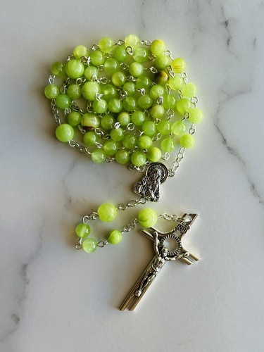 Natural Stone Jade Rosary Necklace With Silver Base Metal Cross For Church /Gift