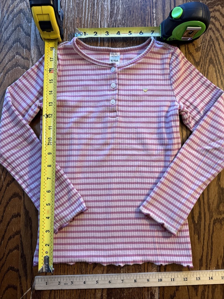 Camisa Carters Niños Rosa Rayas Dorado Corazón Manga Larga 1/4 Botón Niñas/Talla:10A Foto 4 de 4