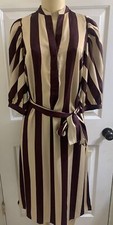 Ann Taylor Women’s Belted Balloon Sleeve Striped Dress Beige Maroon Size S