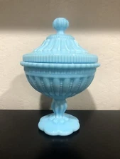 Rare Portieux Vallerysthal Renaissance BLUE Opaline Milk Glass Covered Compote