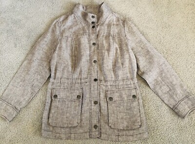 Caslon Woman s Linen Jacket Sz 16W Button Up Long Sleeves High Neck Drawstring