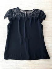 BRIXON IVY Women's M Black Lace Cap Sleeves Keyhole Blouse Top