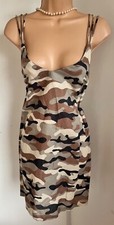 Size S 34” Zara khaki brown camouflage linen/cotton strappy mini dress NWT