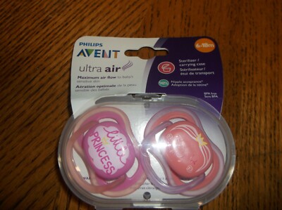 PHILLIPS AVENT  ULTRA  AIR  2 PACK PACIFIERS WITH CASE 6-18 MONTHS  PINK