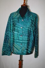 Chico's Sz 3 Green 100 Silk Embroidered Artsy Buttoned Jacket Lightweight