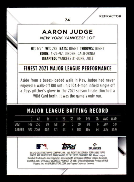 2022 Topps Finest Refractor #74 Aaron Judge Yankees SP - Image 2 of 2