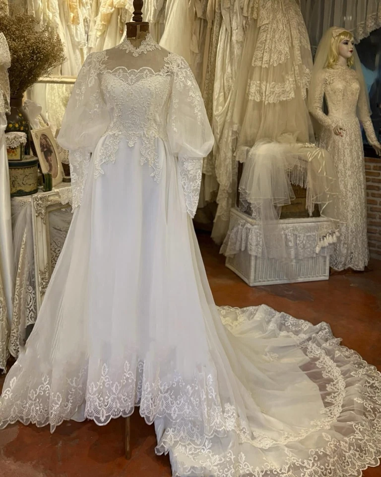 Vintage Muslimisches Hochzeitskleid Spitze Applikationen lange Ärmel fegen Zug - Bild 2 von 4