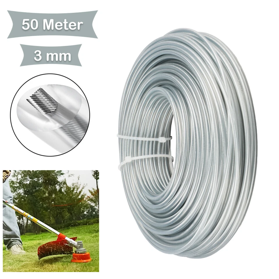 50m Draht Mähfaden 3mm Trimmerfaden Stahl + Nylonfaden Motorsense Freischneider
