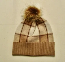 Tahari Beanie Hat  Light Brown & Tan with Faux Fur PomPom - Women - One Size