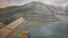 Vintage European art large oil painting landscape river dam