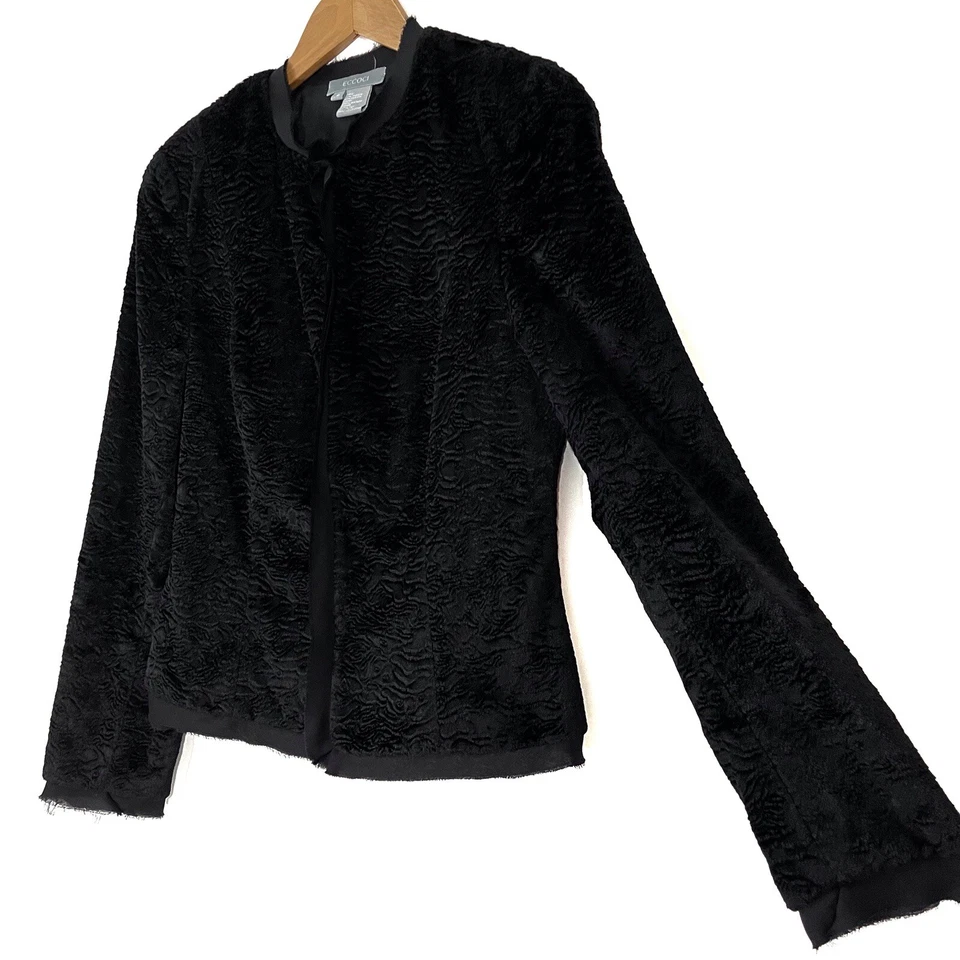 Chaqueta Blazer Eccoci Para Mujer Talla 6 Pequeña Negra Imitación Piel Seda Borde Botón Delantero Foto 3 de 4