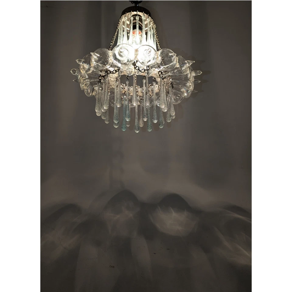B305 Mid-Century Vintage Glass Teardrops Silver Pendant Chandelier Crystal Look - Image 3 of 4