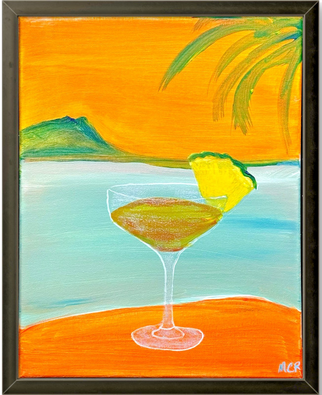 Summer Drink Beach Ocean Canvas Signed Mixed Media Art Painting 11x14 OOAK MCR