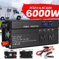 6000W LCD Car Power Inverter DC 12V To AC 110V Pure Sine Wave Solar Converter US