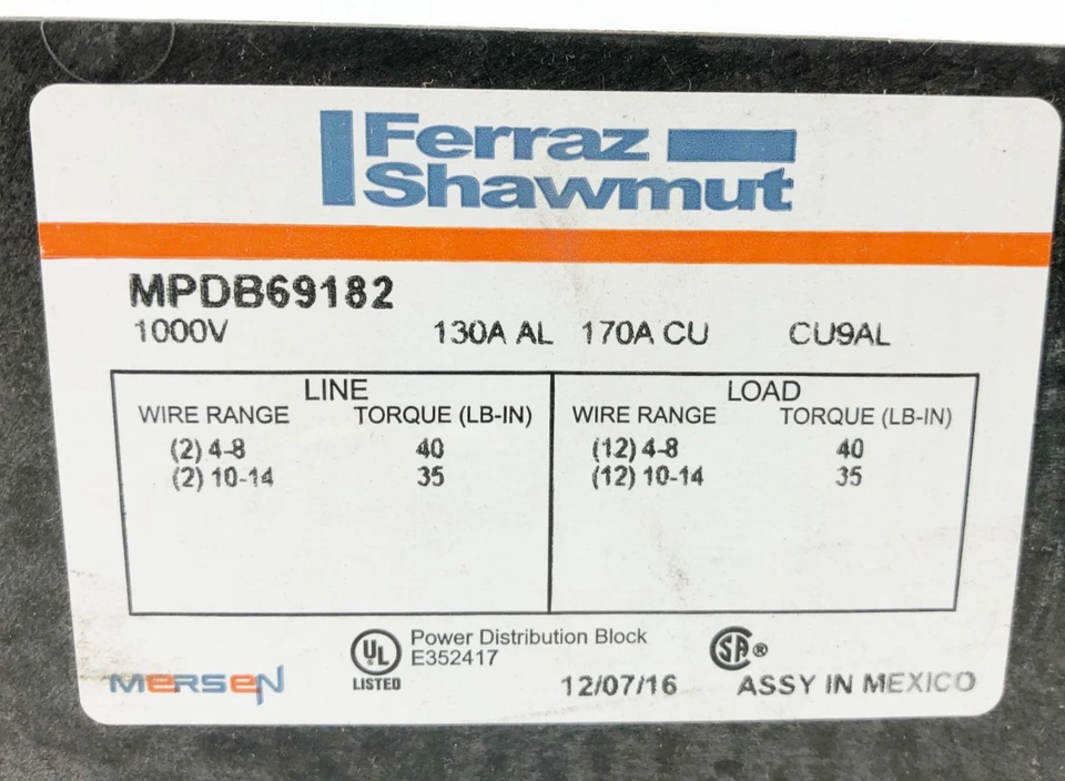 New Ferraz Shawmut MPDB69182 Distribution Block Open Style 1000VAC/DC - No Box - Image 3 of 4