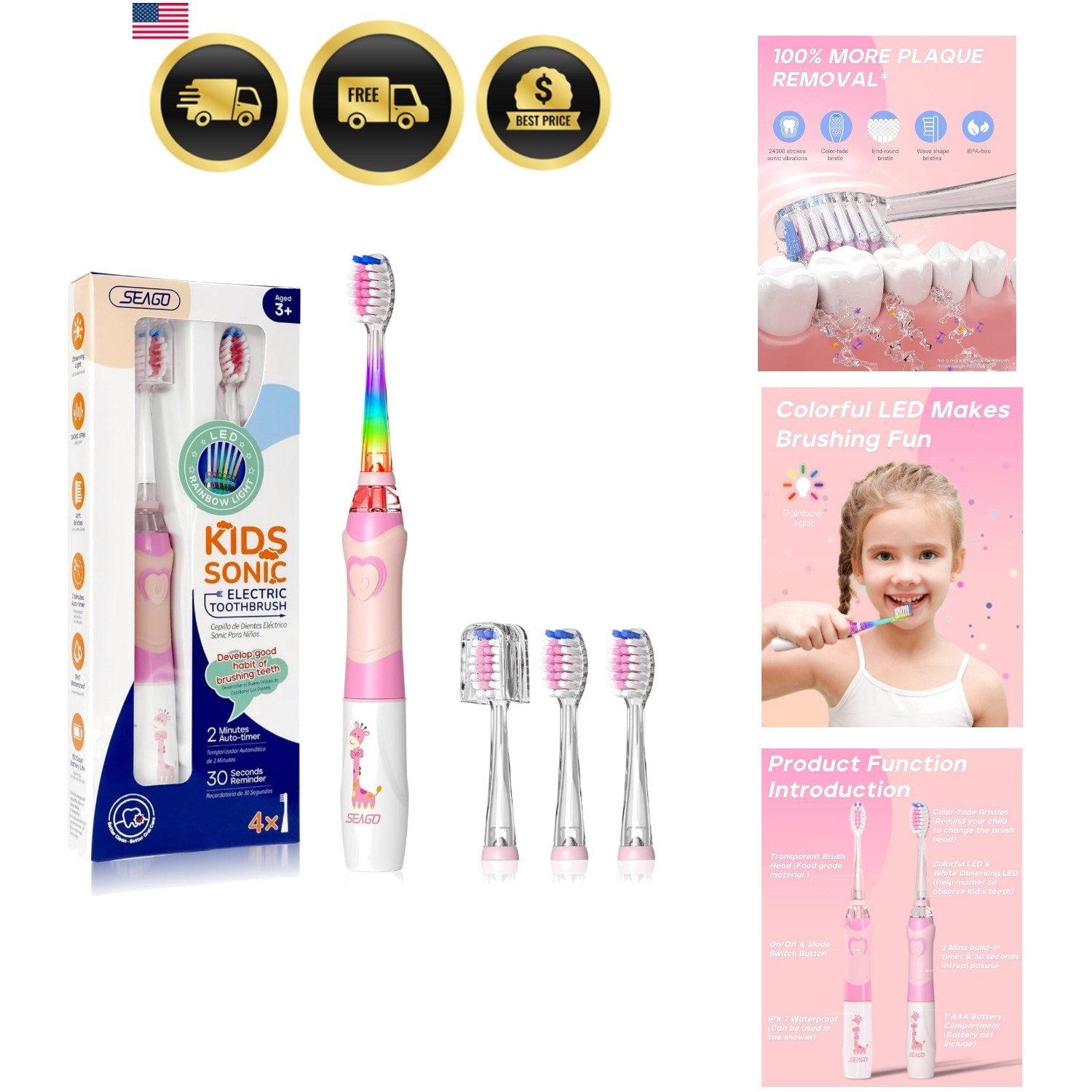 Kids Electric Toothbrush Sonic with Timer Replacement Heads 