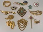 Lot Vtg Signed Gold Tone Costume Jewelry Brooch Pins Crown Trifari St John Monet