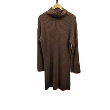 Quince Mongolian Cashmere Ribbed Turtleneck Mini Dress Basic Sleeved Brown M
