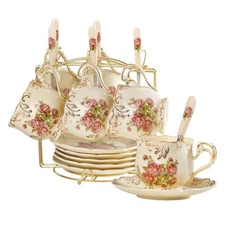 YOLIFE Ivory Pink Rose Tea Cups and Saucers Set of 6, 8 oz Vintage Floral Por...